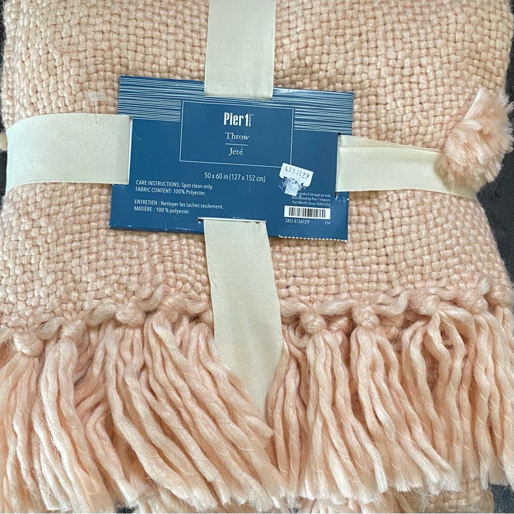 Pier 1 NWT Soft Blanket Cottage Camping Throw Pom Pom Fringe Boho 50”x60”